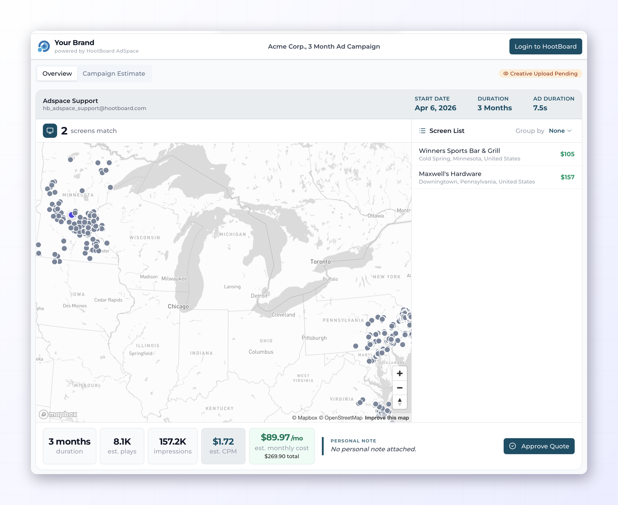 The branded quote page your client reviews — campaign summary, screens on the map, and pricing in one view.